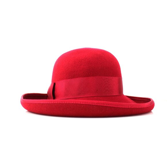 Laura Ashley Wide Brim Hat Magenta Wool Vintage Grosgrain Bow Great Britain 22.5 - Picture 7 of 14